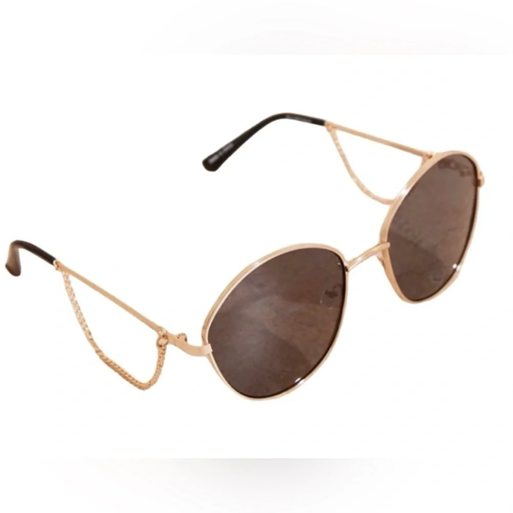 NEW PrettyLittleThing Black Good Dangly Chain Detail Round Frame Sunglasses